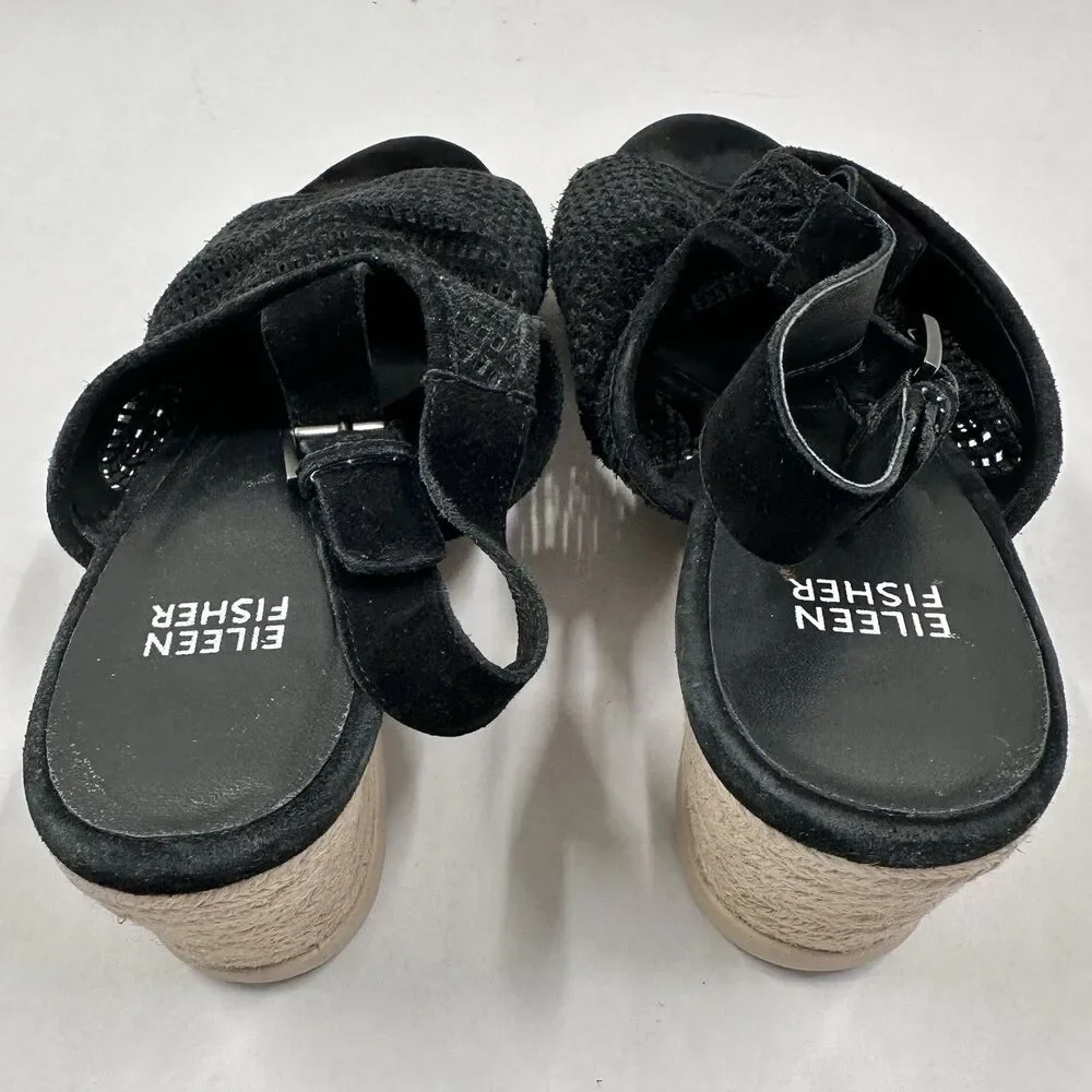 Eileen Fisher Espadrille Sandals 9 Aura Black Suede Mesh Slingback Wedge Shoes